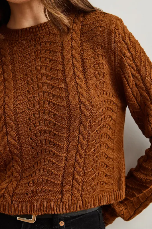 Women's Camel Wave Knit Crop Sweater KZK-19000822-Camel - 5
