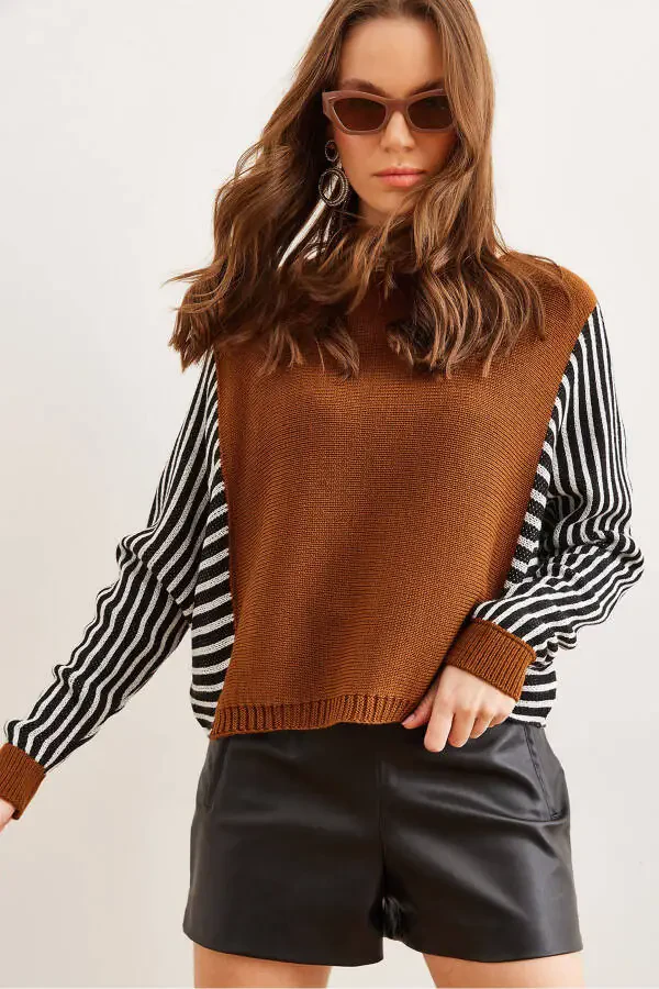 Women's Camel Wool Sleeve Detail Knitwear Sweater KZK-19000817 - 1