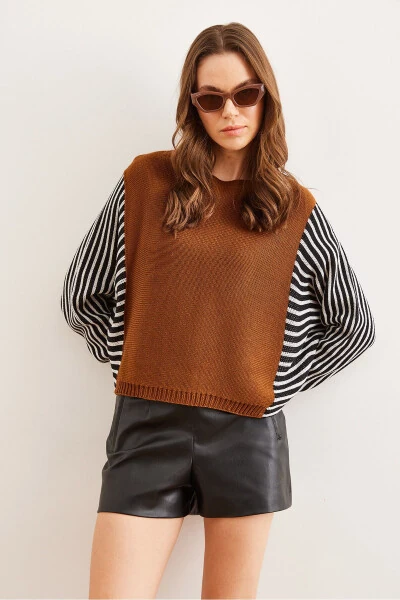 Women's Camel Wool Sleeve Detail Knitwear Sweater KZK-19000817 - Olalook (1)