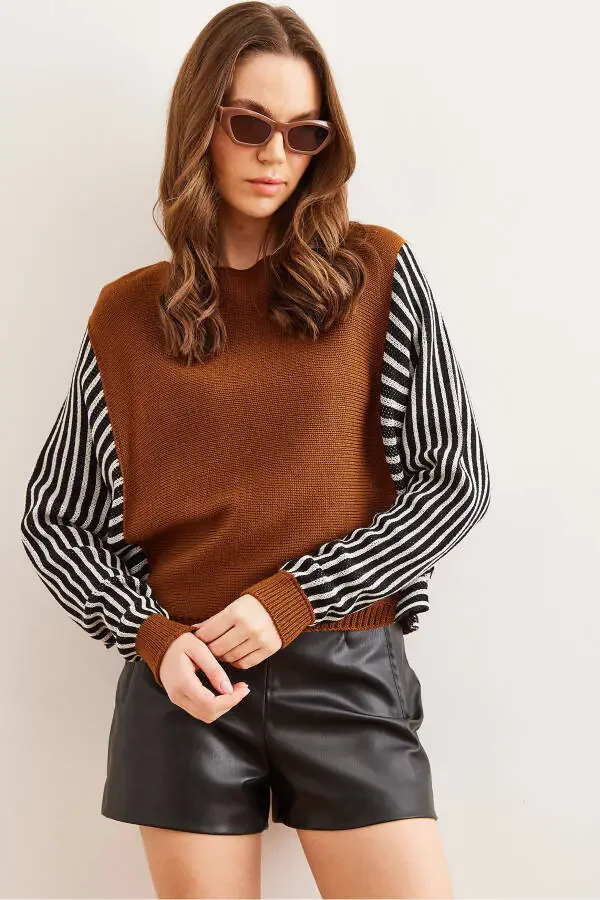 Women's Camel Wool Sleeve Detail Knitwear Sweater KZK-19000817 - 4