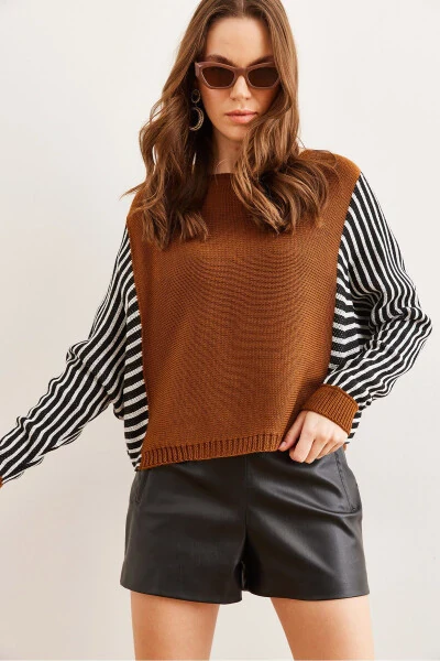 Women's Camel Wool Sleeve Detail Knitwear Sweater KZK-19000817 - 5