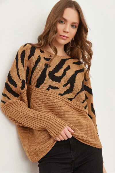 Women's Camel Zebra Detailed Knitted Sweater KZK-19000819 - 1