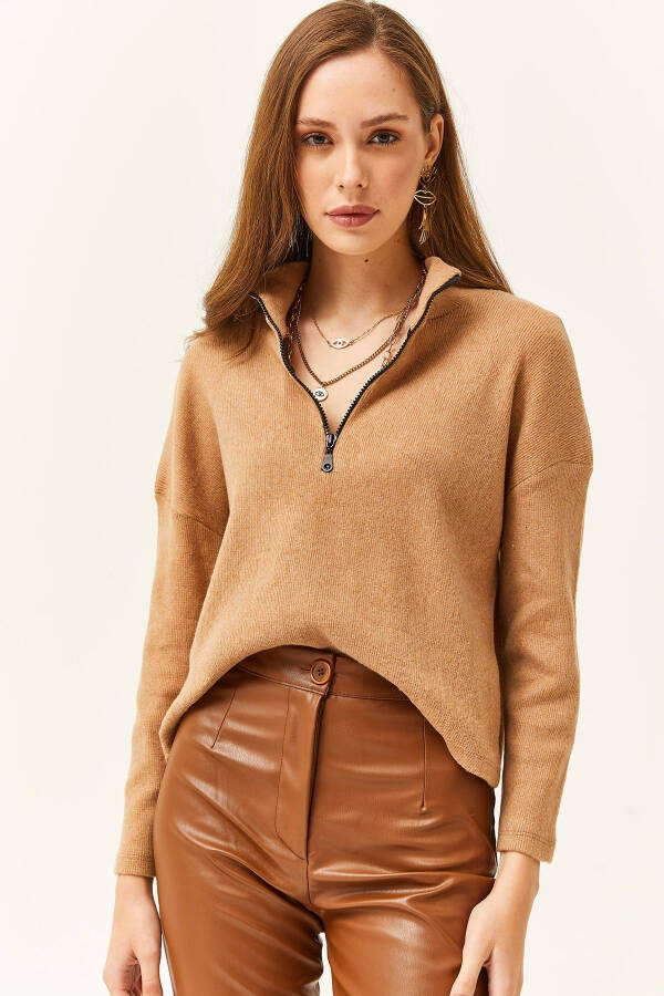 Women's Camel Zippered Stand Collar Thistle Sweater - 2