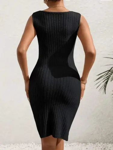 Women's Cami Wrap Collar Side Buttoned Front Asymmetric Cut Detailed Thick Ribbed Knit Dress - 3