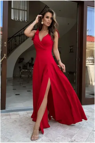 Women's Cami Wrap V-Neck Long Slit Dress, Special Occasion-Graduation and Evening Dress-Red1 