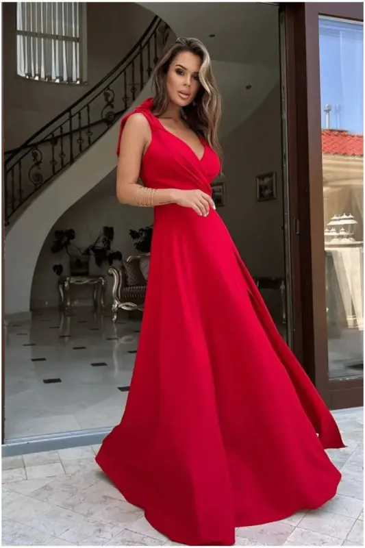 Women's Cami Wrap V-Neck Long Slit Dress, Special Occasion-Graduation and Evening Dress-Red1 - 6