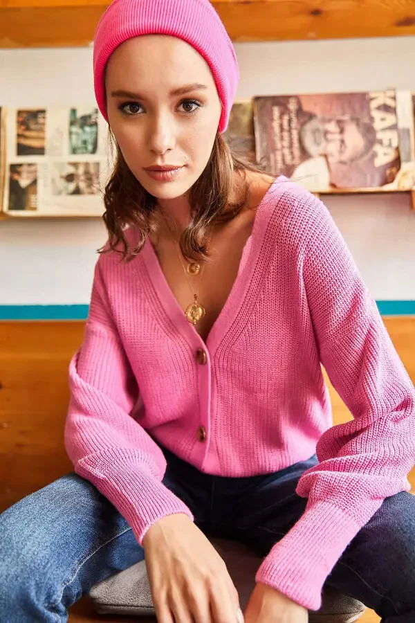 Women's Candy Pink Buttoned Knit Cardigan HRK-19000097 - 1