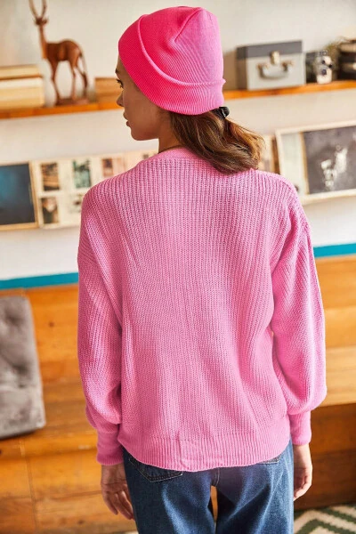 Women's Candy Pink Buttoned Knit Cardigan HRK-19000097 - 4