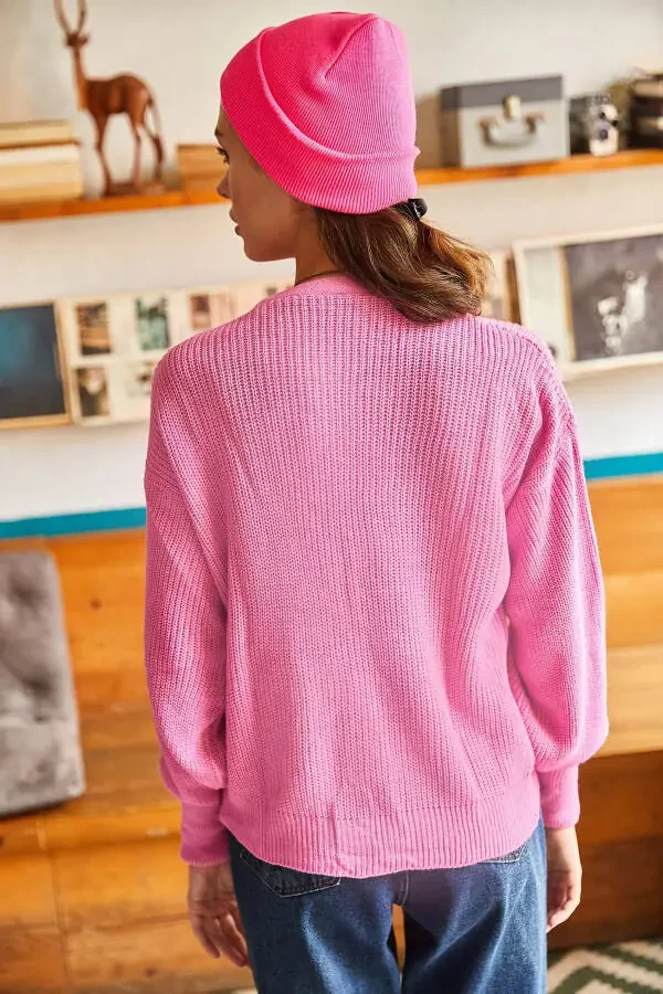 Women's Candy Pink Buttoned Knit Cardigan HRK-19000097 - 4