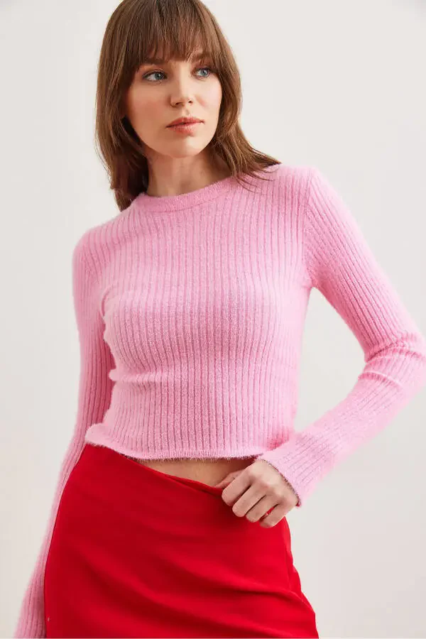 Women's Candy Pink Cyclist Neck Soft Textured Beard Knit Sweater KZK-19000844 - 2