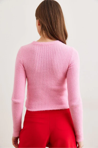 Women's Candy Pink Cyclist Neck Soft Textured Beard Knit Sweater KZK-19000844 - 6