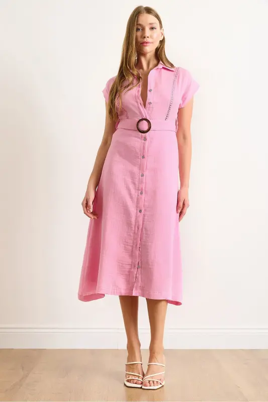 Women's Candy Pink Lined Belted Muslin Shirt Dress ELB-19002423-Candy Pink - OLALOOK