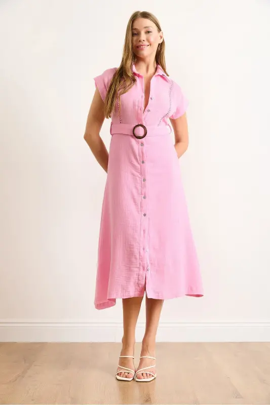 Women's Candy Pink Lined Belted Muslin Shirt Dress ELB-19002423-Candy Pink - 2