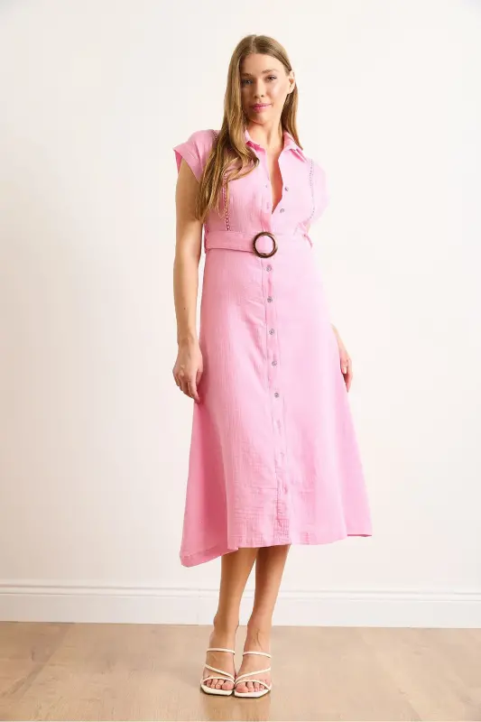 Women's Candy Pink Lined Belted Muslin Shirt Dress ELB-19002423-Candy Pink - 3