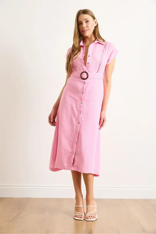 Women's Candy Pink Lined Belted Muslin Shirt Dress ELB-19002423-Candy Pink - 4