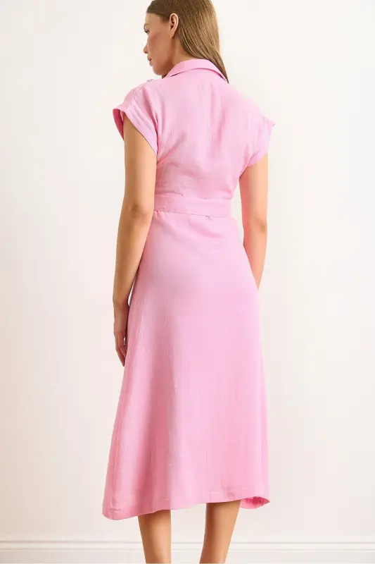 Women's Candy Pink Lined Belted Muslin Shirt Dress ELB-19002423-Candy Pink - 6