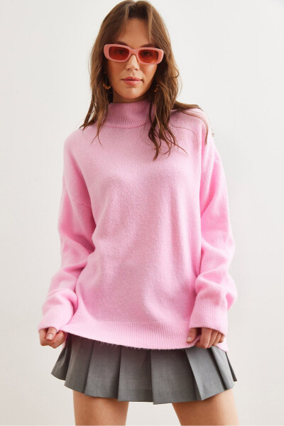 Women's Candy Pink Mock Neck Oversized Knit Sweater KZK-19000875 - OLALOOK