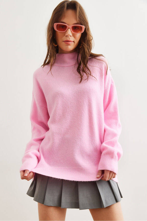Women's Candy Pink Mock Neck Oversized Knit Sweater KZK-19000875 - 1