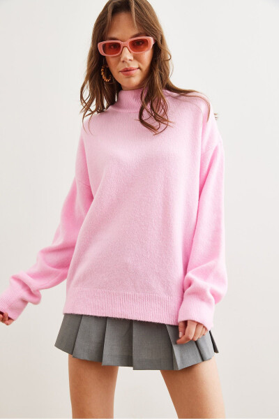 Women's Candy Pink Mock Neck Oversized Knit Sweater KZK-19000875 - OLALOOK (1)