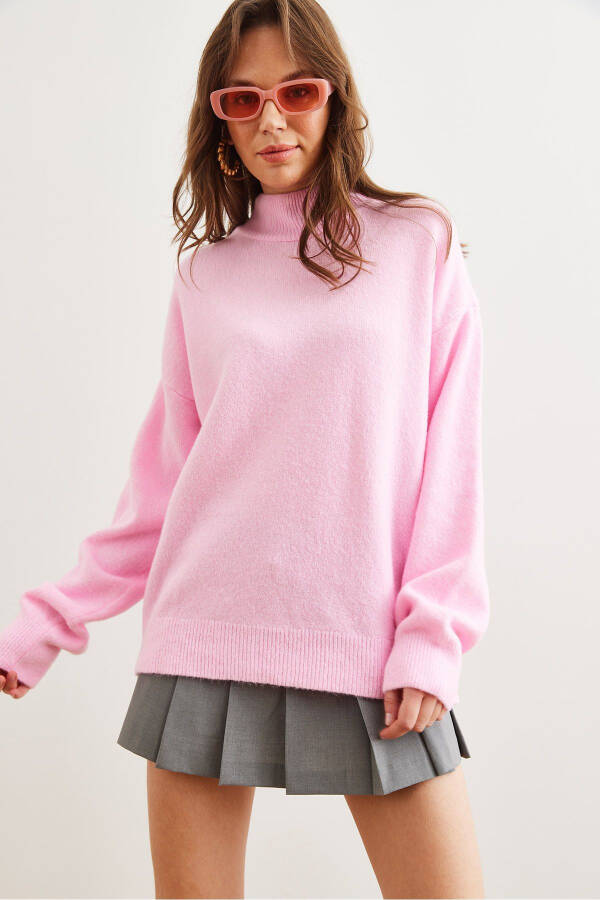 Women's Candy Pink Mock Neck Oversized Knit Sweater KZK-19000875 - 2