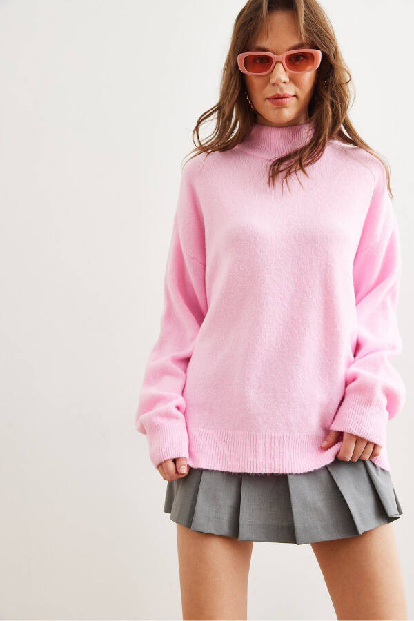 Women's Candy Pink Mock Neck Oversized Knit Sweater KZK-19000875 - 3