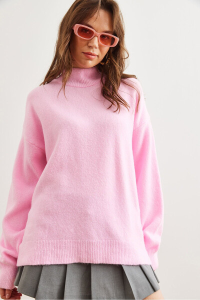 Women's Candy Pink Mock Neck Oversized Knit Sweater KZK-19000875 - 4
