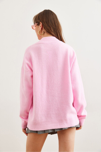 Women's Candy Pink Mock Neck Oversized Knit Sweater KZK-19000875 - 5