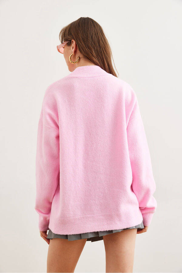 Women's Candy Pink Mock Neck Oversized Knit Sweater KZK-19000875 - 5