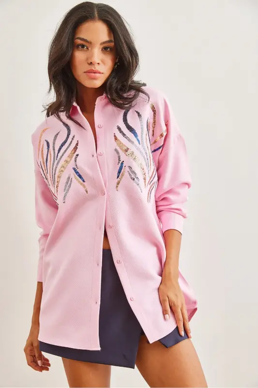 Women's Candy Pink Sequin Wool Effect Oversize Winter Shirt GML-19001157-Candy Pink - 1