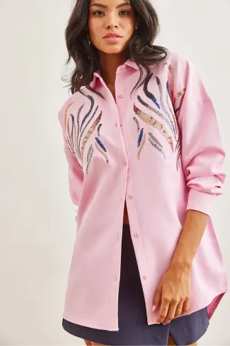 Women's Candy Pink Sequin Wool Effect Oversize Winter Shirt GML-19001157-Candy Pink - 2