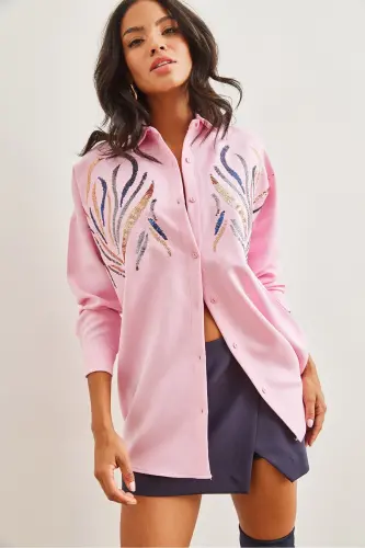 Women's Candy Pink Sequin Wool Effect Oversize Winter Shirt GML-19001157-Candy Pink - 3