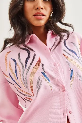 Women's Candy Pink Sequin Wool Effect Oversize Winter Shirt GML-19001157-Candy Pink - 4