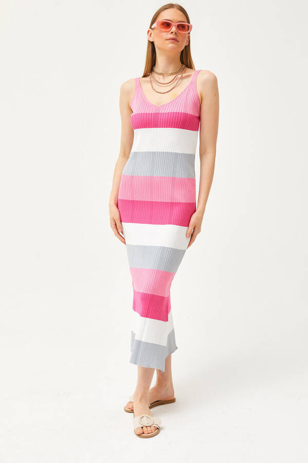 Women's Candy Pink Strappy Striped Side Slit Knit Dress ELB-19002069 - 1