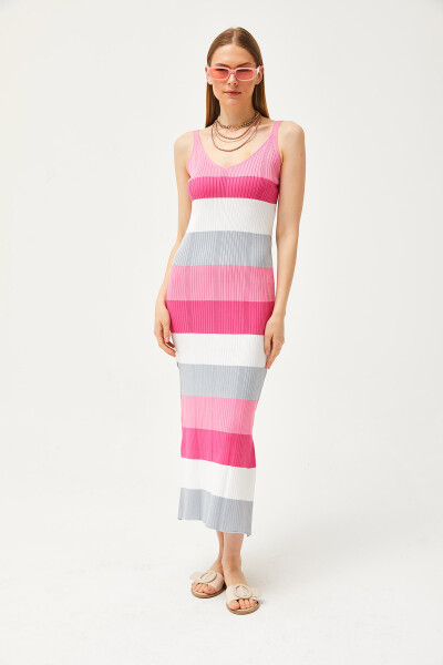 Women's Candy Pink Strappy Striped Side Slit Knit Dress ELB-19002069 - 2