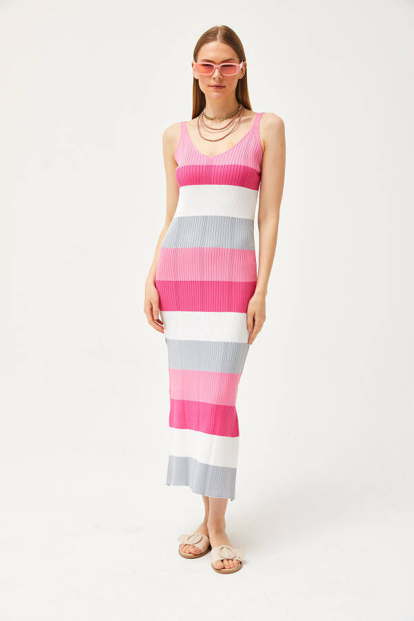 Women's Candy Pink Strappy Striped Side Slit Knit Dress ELB-19002069 - 2