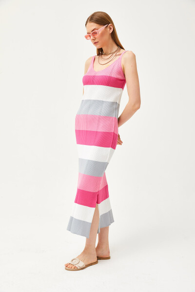 Women's Candy Pink Strappy Striped Side Slit Knit Dress ELB-19002069 - 4