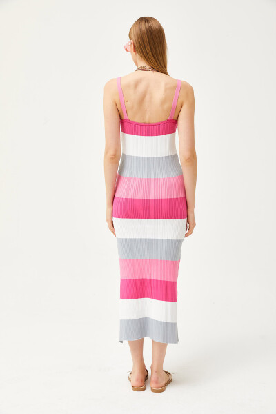 Women's Candy Pink Strappy Striped Side Slit Knit Dress ELB-19002069 - 6