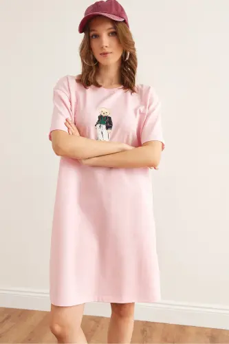 Women's Candy Pink Teddy Bear Print Tunic Dress DRS- 