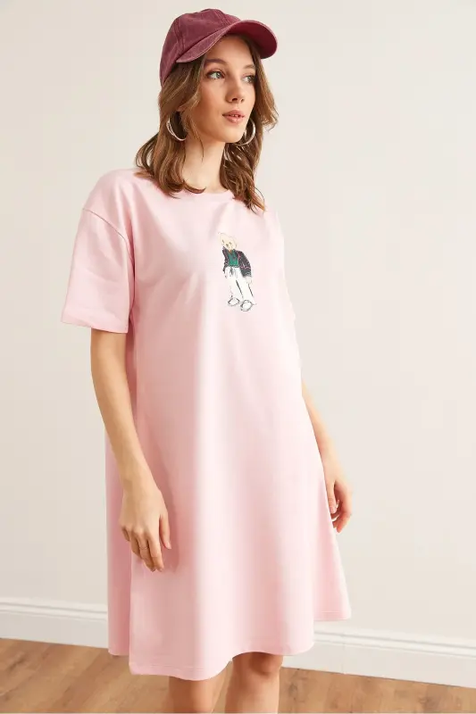 Women's Candy Pink Teddy Bear Print Tunic Dress DRS- - 2