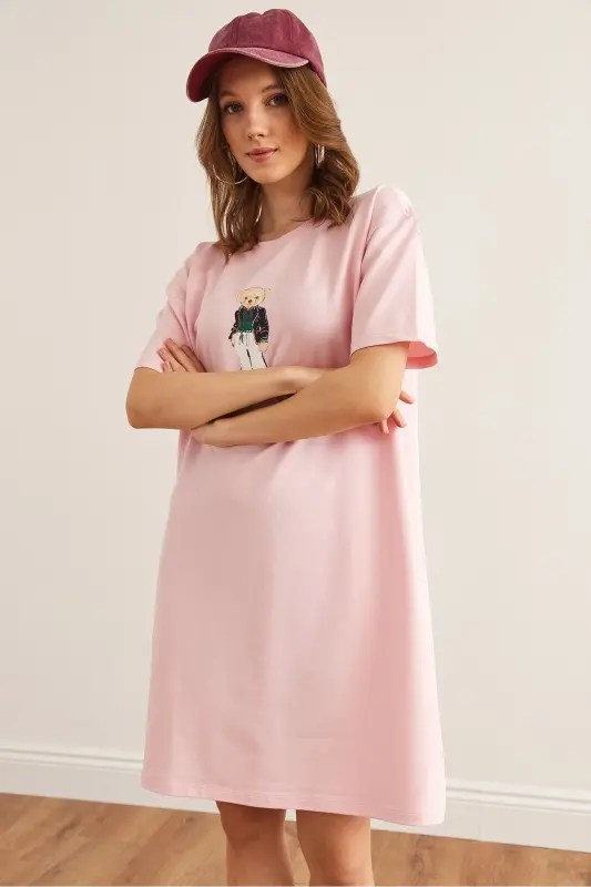 Women's Candy Pink Teddy Bear Print Tunic Dress DRS- - 3