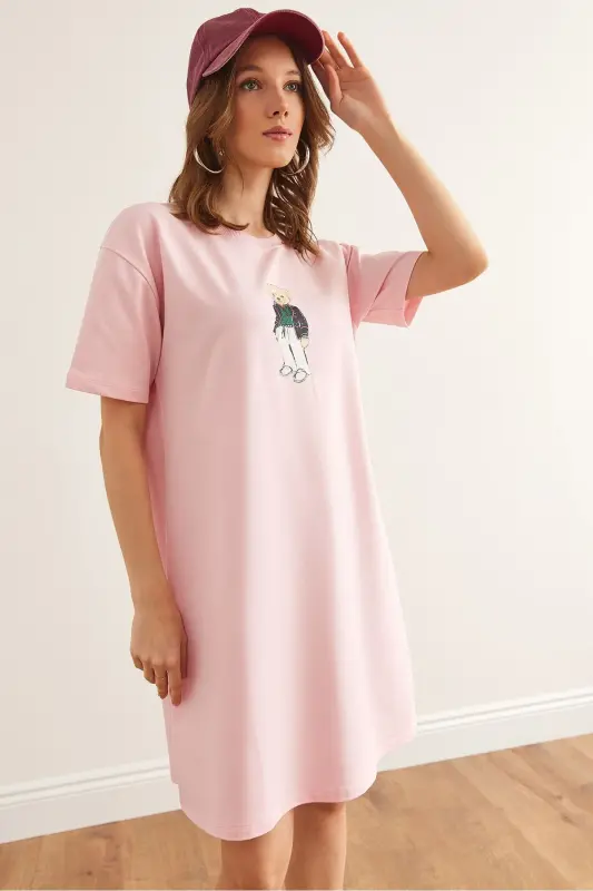 Women's Candy Pink Teddy Bear Print Tunic Dress DRS- - 4
