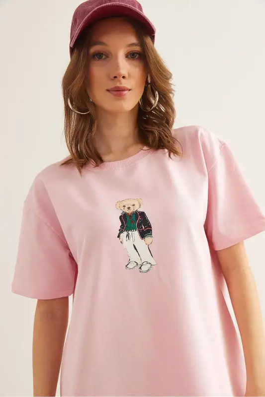 Women's Candy Pink Teddy Bear Print Tunic Dress DRS- - 5