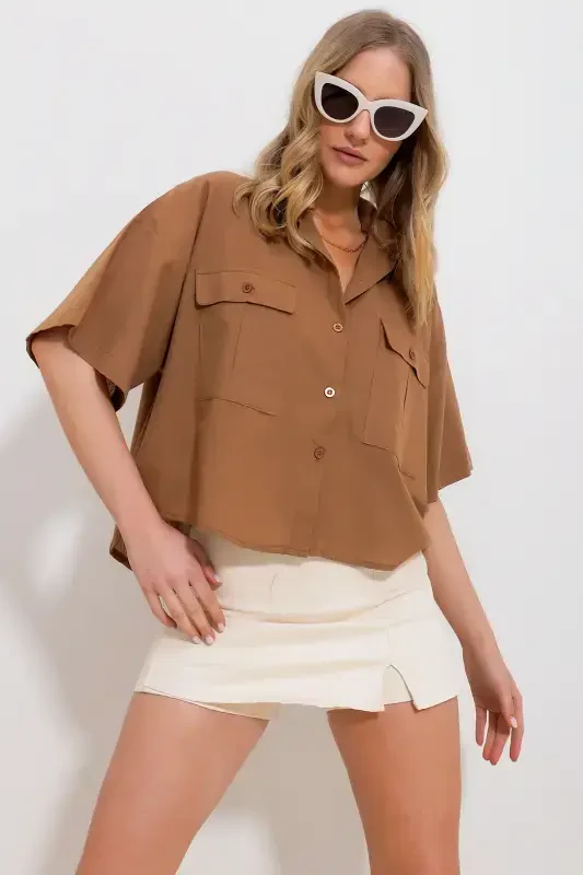 Women's Caramel Double Pocket Half Sleeve Linen Shirt ALC-X9991-CARAMEL - 1