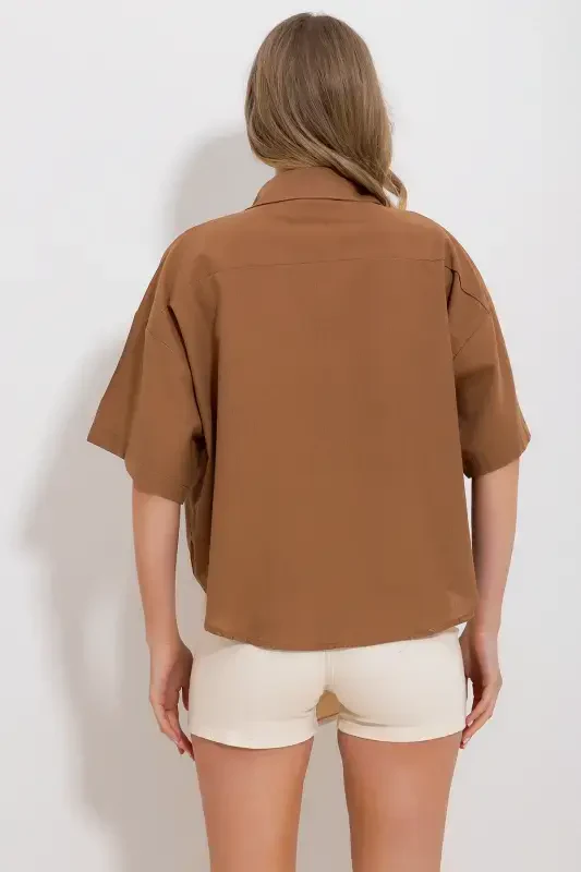Women's Caramel Double Pocket Half Sleeve Linen Shirt ALC-X9991-CARAMEL - 4