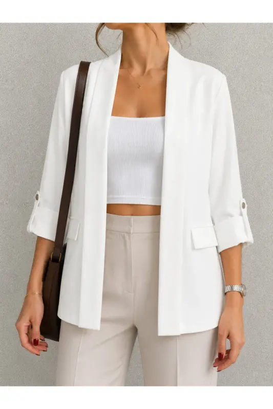 Women's Casual Long Sleeve Buttoned White Jacket - White4 - 1