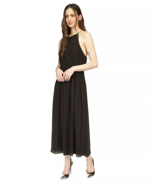 Women's Chain-Strap Satin Pleated Maxi Dress Black - 1