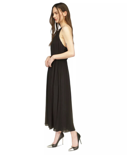 Women's Chain-Strap Satin Pleated Maxi Dress Black - 3