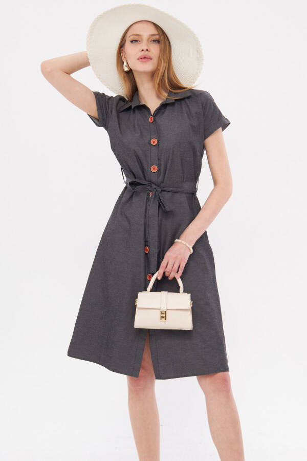 Women's Charcoal Belted Short Sleeve Shirt Dress ARM-19Y001068 - 1