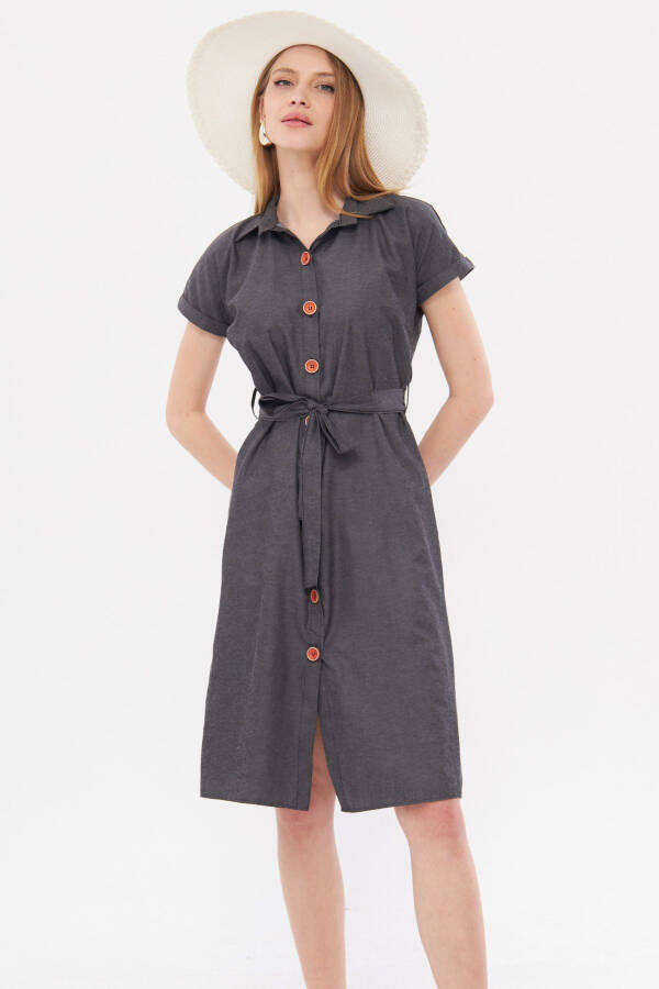 Women's Charcoal Belted Short Sleeve Shirt Dress ARM-19Y001068 - 3