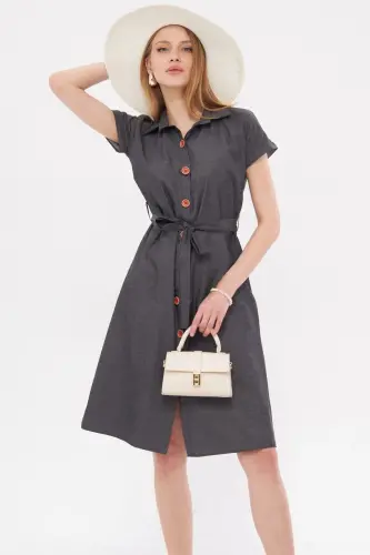 Women's Charcoal Belted Short Sleeve Shirt Dress ARM-19Y001068 